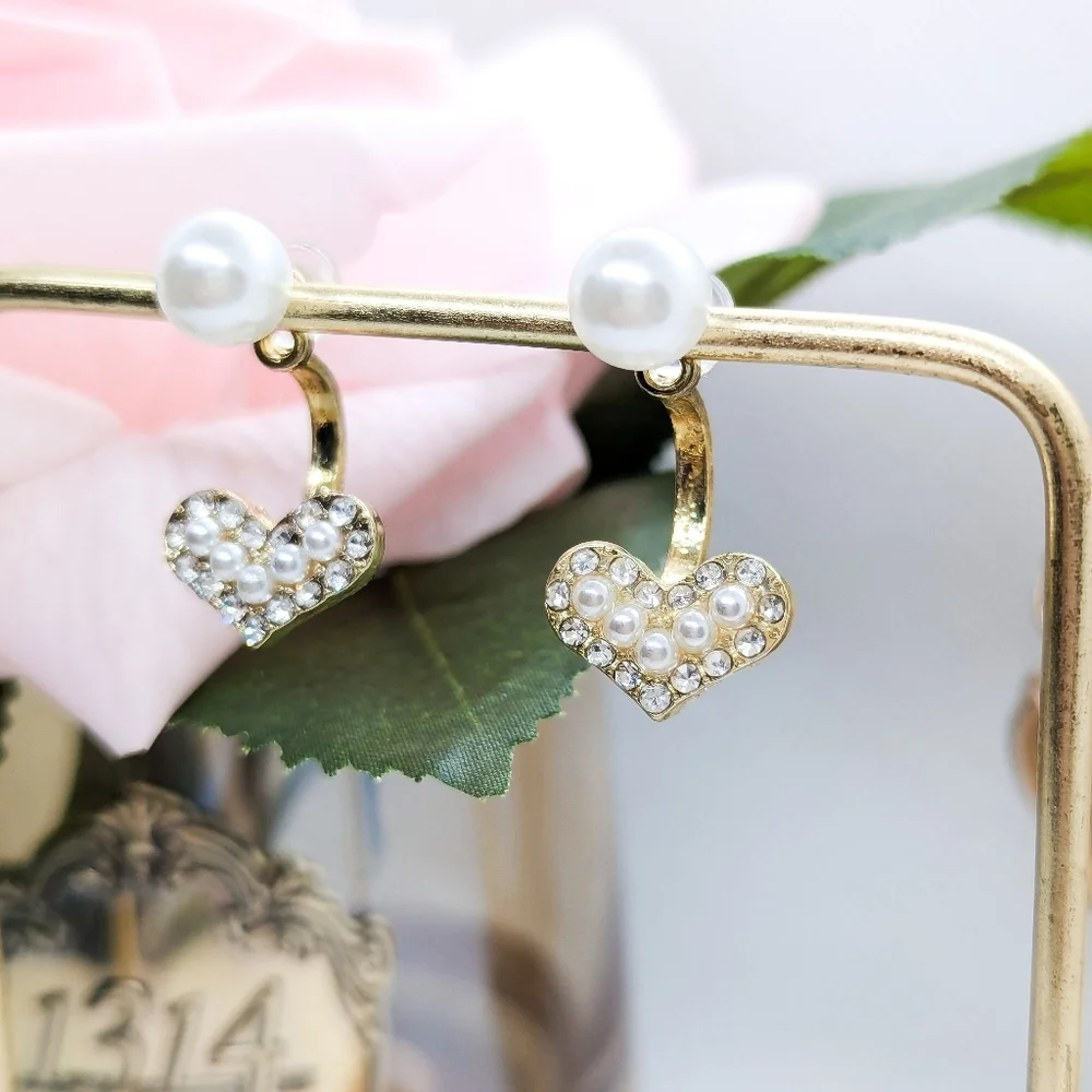 Pearl & Crystal Heart Earrings Dainty Romantic Everyday Style